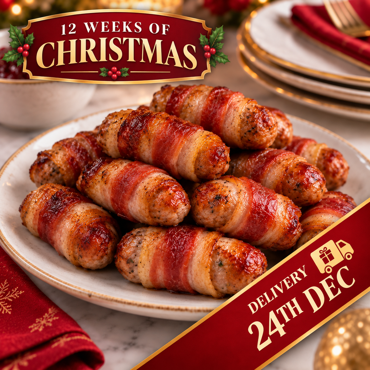 12 Pigs in Blankets DELIVERY 24th DEC | British Style Mini Sausages Wrapped in Streaky Bacon
